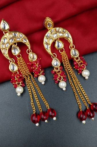 Elegant ruby kundan & beads chain dangler earrings for women & girls.