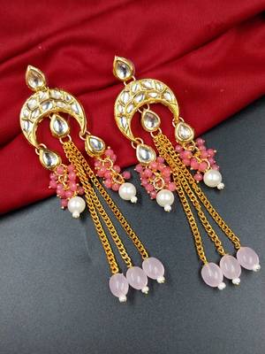 Elegant pink kundan & beads chain dangler earrings for women & girls. 1