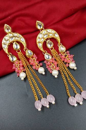 Elegant pink kundan & beads chain dangler earrings for women & girls.