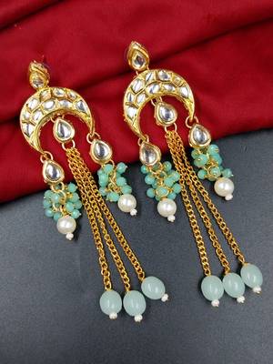 Elegant mint kundan & beads chain dangler earrings for women & girls. 1