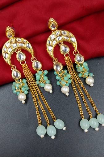 Elegant mint kundan & beads chain dangler earrings for women & girls.