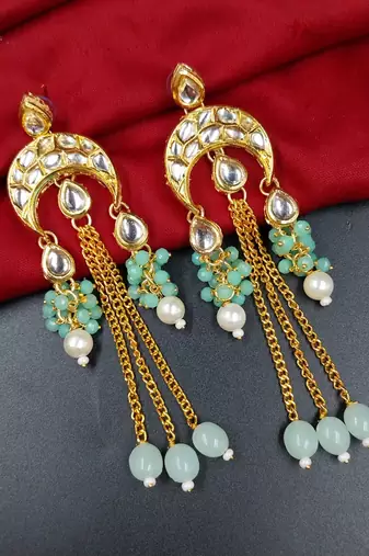 Elegant mint kundan & beads chain dangler earrings for women & girls.