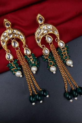 Elegant green kundan & beads chain dangler earrings for women & girls.