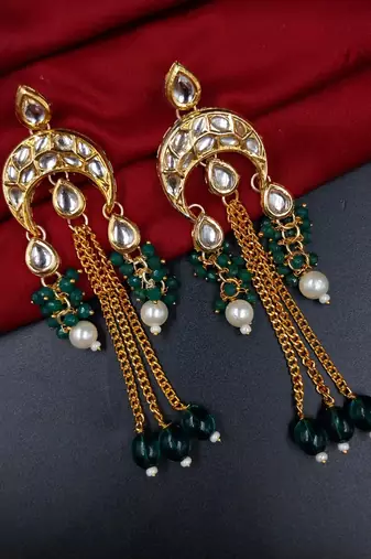 Elegant pink kundan & beads chain dangler earrings for women & girls.