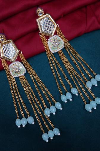 Elegant mint kundan & beads chain dangler earrings for women & girls.