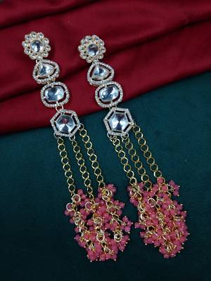 Elegant pink kundan & beads chain dangler earrings for women & girls. 1