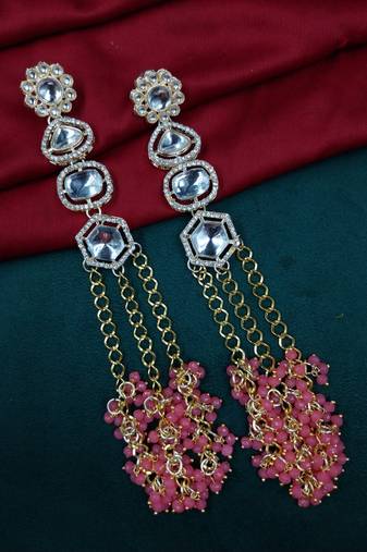 Elegant pink kundan & beads chain dangler earrings for women & girls.