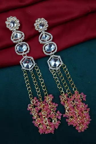 Elegant pink kundan & beads chain dangler earrings for women & girls.