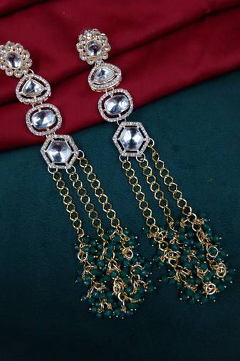 Elegant green kundan & beads chain dangler earrings for women & girls.