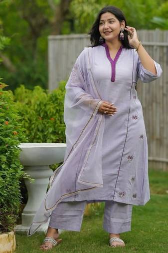 Purple lotus hand embroidered cotton kurta set
