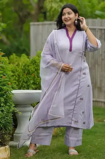 Purple lotus hand embroidered cotton kurta set
