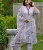 Purple lotus hand embroidered cotton kurta set