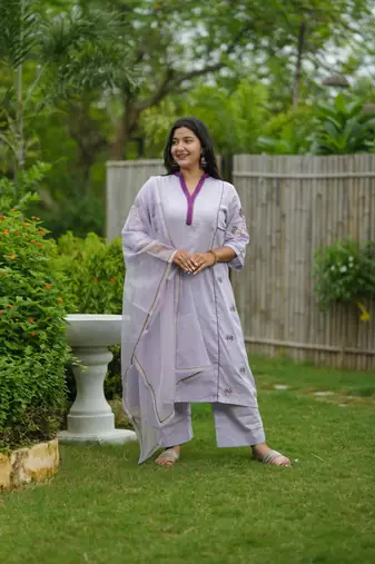 Purple lotus hand embroidered cotton kurta set