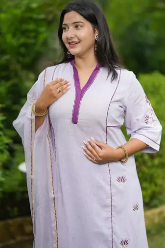 Purple lotus hand embroidered cotton kurta set