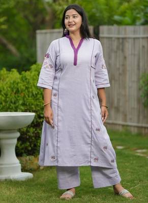 Purple lotus hand embroidered cotton kurta set 4