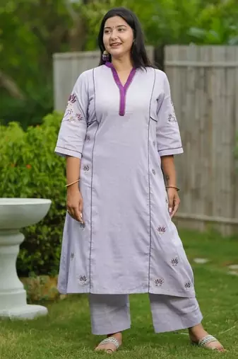 Purple lotus hand embroidered cotton kurta set