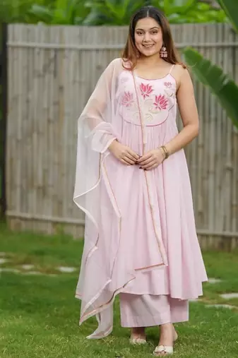 Baby pink lotus hand embroidered cotton kurta set