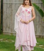 Baby pink lotus hand embroidered cotton kurta set