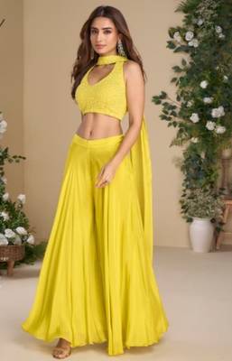 Yellow heavy chinon palazzo set full- stitched free size  1