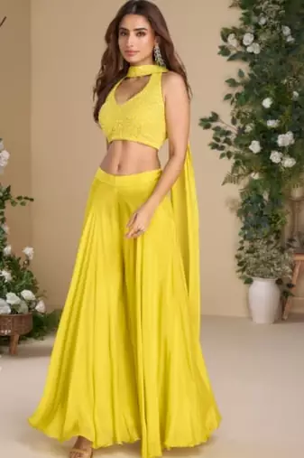 Yellow heavy chinon palazzo set full- stitched free size 