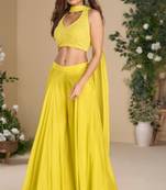 Yellow heavy chinon palazzo set full- stitched free size 