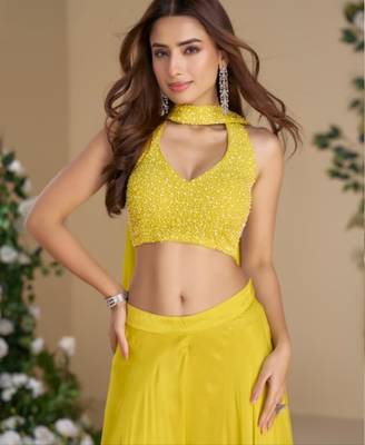 Yellow heavy chinon palazzo set full- stitched free size  2