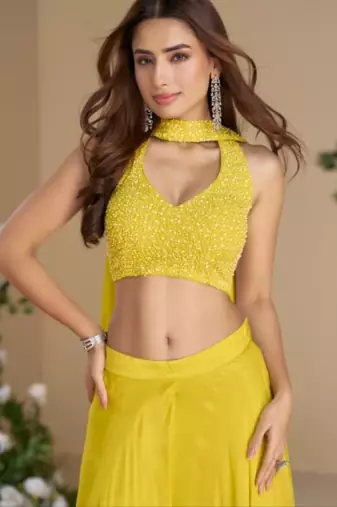 Yellow heavy chinon palazzo set full- stitched free size 
