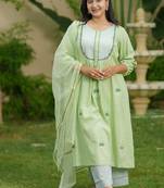 Green lotus hand embroidered cotton kurta set