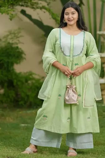 Green lotus hand embroidered cotton kurta set