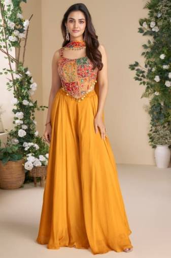Orange heavy chinon palazzo set full- stitched free size 