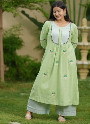 Green lotus hand embroidered cotton kurta set 3