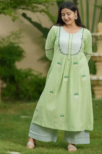Green lotus hand embroidered cotton kurta set