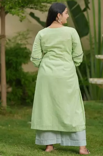 Green lotus hand embroidered cotton kurta set