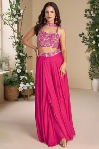 Magenta heavy chinon palazzo set full- stitched free size 