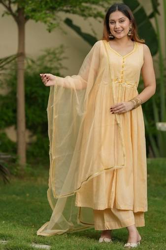 Mango yellow lotus hand embroidered cotton kurta set