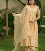 Mango yellow lotus hand embroidered cotton kurta set