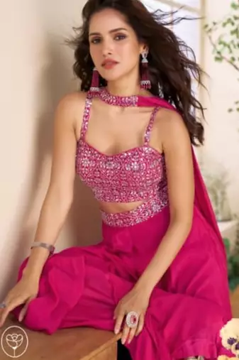 Magenta heavy chinon palazzo set full- stitched free size 