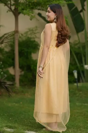 Mango yellow lotus hand embroidered cotton kurta set
