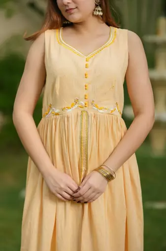 Mango yellow lotus hand embroidered cotton kurta set