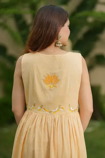 Mango yellow lotus hand embroidered cotton kurta set