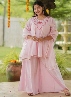 Pink lotus sharara hand embroidered cotton suit set 1