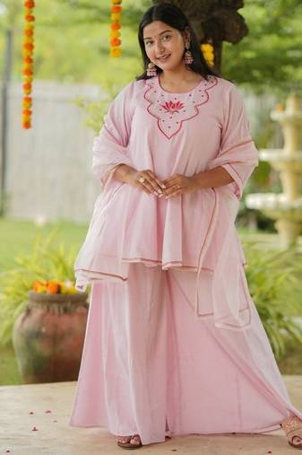 Pink lotus sharara hand embroidered cotton suit set