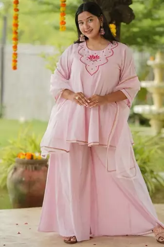 Pink lotus sharara hand embroidered cotton suit set