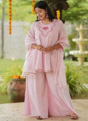 Pink lotus sharara hand embroidered cotton suit set 2