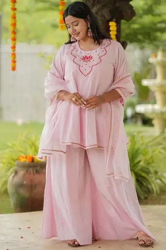 Pink lotus sharara hand embroidered cotton suit set
