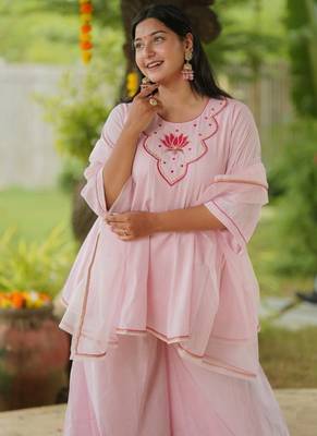 Pink lotus sharara hand embroidered cotton suit set 3