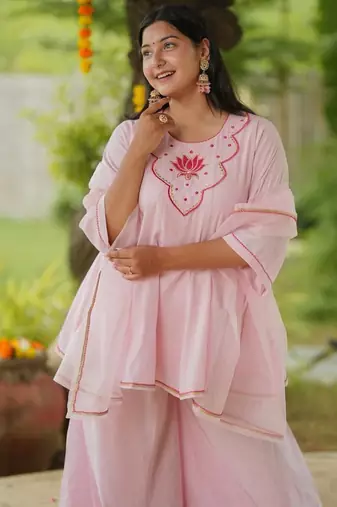 Pink lotus sharara hand embroidered cotton suit set