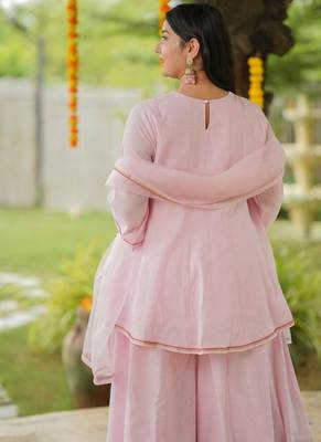 Pink lotus sharara hand embroidered cotton suit set 4
