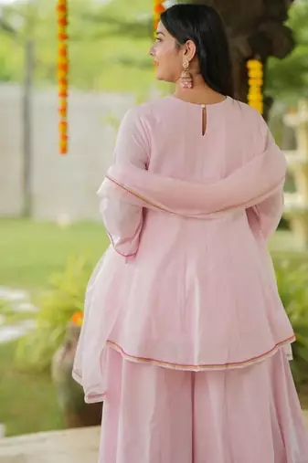 Pink lotus sharara hand embroidered cotton suit set
