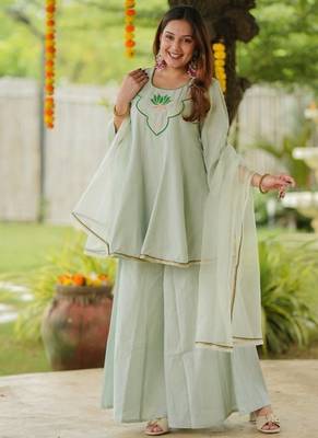 Green lotus sharara hand embroidered cotton suit set 1